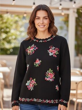 Epogee Black Floral Embroidered Knit Sweater NWT S Vintage Grandma Cottagecore